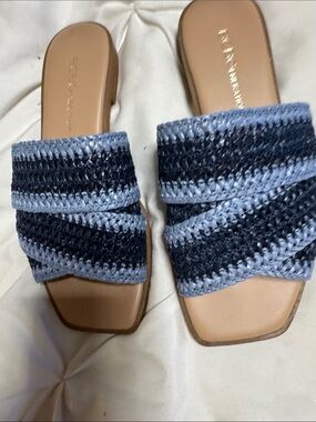 BCBGeneration Braided Slide Mules in Light Blue and Navy Blue
